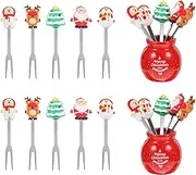 10 Pcs Christmas Fruit Fork with Ceramic Jar Holder Mini Stainless Steel Salad Fork Cartoon Santa Claus Xmas Tree Fruit Picks Cake Dessert Food Picks