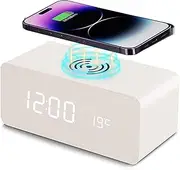 Wooden Digital Alarm Clock with Wireless Charging, 3 Alarms LED Display, Sound Control and Snooze Dual，Adjustable Brightness, Time Temperature (White)