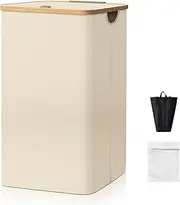 Cozi 100L Large Laundry Hamper with Lid & Bamboo Handles, Tall Dirty Clothes Basket w/Removable Inner Bag – for Bedroom, Bathroom, Dorm, Laundry Room (Beige, 40.5 × 33 × 75cm)