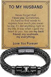 [BAYLAY] Valentines Day Gifts for Him Men, Cross Bracelet for Men Layered Leather Braided Bracelet Christian Religious Bracelet Gifts for My Man Dad Husband Boyfriend Son Grandson Grandpa Brother, 7.5,