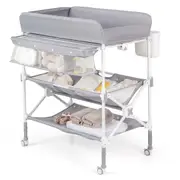 Babyjoy Foldable Baby Changing Table Waterproof Diaper Change Station w/Wheels Adjustable Nursery Organizer Grey