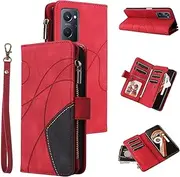 [MBSLFY] Leather Mobile Phone Case for Oppo A96/Oppo A36/A76/K10 4G, Retro Zip, Mobile Phone Case with 9 Card Slots, Wrist Strap, Purse, Carrying Strap, Protective Folio Wallet Case – Red