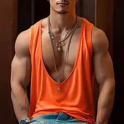 Men's Tank Top Vest Undershirt Sleeveless Shirt Sleeveless Deep V Summer Plain Fashion Classic Comfortable V Neck Street Casual Sports Black White Orange Top T