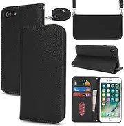 Cavor Crossbody Wallet for iPhone 7/8 Case iPhone SE 2020/ SE 2022 Case Litchi Pattern Flip PU Leather Magnetic Shoulder Lanyard with Card Slots Kickstand Protective Cover Woman-Long Strap Black