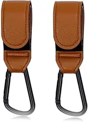 Custelen 2-Pack Universal Stroller Hooks | Adjustable Carabiner Clips for Bags - Carry Up to 11 lbs Per Hook | Baby Essentials & Stroller Accessories (Brown)
