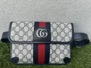 NWT GUCCI GG BLUE LEATHER/ CANVAS BELT BAG - AUTHENTIC