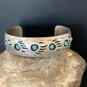 Blue Turquoise Navajo Sterling Silver Shadow Box Bear Paw Cuff Bracelet 12876