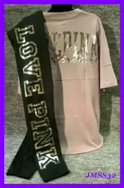 Victoria's Secret Pink Bling Varsity Tee Shirt + Leggings Set Lilac Black L NWT