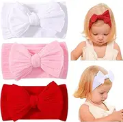 jollybows Baby Girl Headband Bows Nylon Head Wraps Newborn Hairbands Infant Toddler Hair Bow（White+Red+Light Pink）