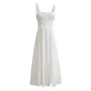 Sleeveless Square Neck Plain Midi A-Line Dress White - S