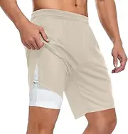 [ZZXXB] Beige Athletic Shorts for Men with Pockets 2 in 1 Quick Dry Running Shorts