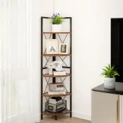 Costway5-Tier Corner Bookshelf Stand with Metal Frame-Rustic Brown