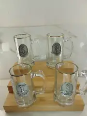 GOLF BEER STEINS Pewter Medallion Mug Glasses Barware Lot of 4 Vintage MINT COND