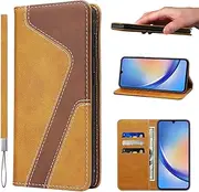 [LANJLM] Samsung Galaxy A34 5G Case with Wrist Strap PU Leather Wallet Case Card Holder Shockproof Flip Cover - Brown Khaki