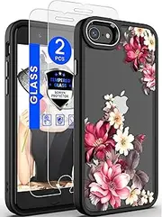 Dretal for iPhone SE 2022/2020 Case,iPhone 8/7 Case,with Tempered Glass Screen Protector,Military Grade Drop Tested Hard Back & Soft Edge Slim Flower Women Girls Phone Protective Cover (Safflower)