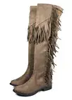 Dark Taupe Hot Celeb Look BOHO Fringe Trim Over the Knee Flat Boots Open Back
