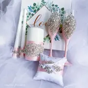 Pink Wedding Set Unity Candles Toasting Flutes Pillow Ring Crystal Decor