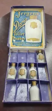 Antique Jergens Doris Borated Toilet Powder 1910 Mini Bottles with Display Box