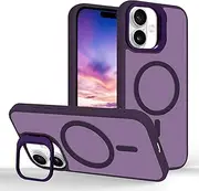 Tcaraersing for iPhone 16 Plus Magnetic Matte Case with Kickstand, Compatible with MagSafe, Built-in Camera Ring Stash Stand, Slim Frosted Shockproof Cover, Anti-Fingerprint, Translucent Purple