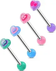 [OUFER] 4PCS Heart Tongue Rings, 316L Surgical Steel Tongue Piercing Jewelry, Acrylic Rainbow Heart Tongue Piercings, 14G Tongue Ring Balls, Cute Tongue Rings For Women Men