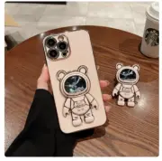 Phone Case For iPhone 13 14 Pro Max Glitter Bear 3D Stand Cover Beige