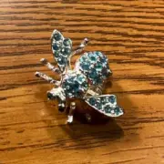 Vintage Joan Rivers Aquamarine March Birthstone Color Bee Brooch Pin Silver Tone