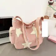 Corduroy Star Applique Drawstring Crossbody Shoulder Bag Pink - Bag Only (Without Mascot) - One Size