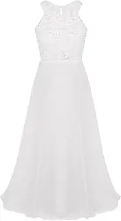 [YiZYiF] Kids Big Girls A-line Halter Lace Dresses Wedding Bridesmaid Prom Party Maxi Chiffon Gowns