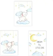 Cartoon Elephant Animals Wall Art Poster Moon Star Cloud Art Print Baby Nursery Canvas Painting Abstract Picture Baby Room Decor 60x90cmX3PCS Frameless