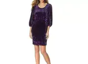 Natori Women's Dolman Sleeve Printed Velvet Purple Stretch Dress Size S