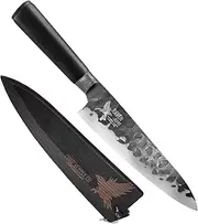 German Stainless Steel Kitchen Chef Knife, 20 cm Blade with Black Ebony Wood Handle. Includes Matching Wooden Sheath