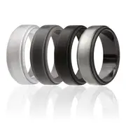 ROQ Silicone Wedding Ring - Step Edge Style Set by ROQ for Men - 4 x 9 mm Beveled Metalic Platinum, Black, Grey, Silver