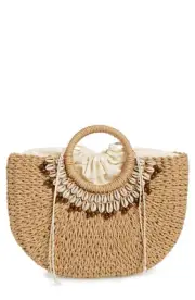 Nordstrom Shell & Bead Straw Top Handle Bag Brown