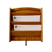 3-Tier Pine Letter Mail Rack With Key Hooks - Natural