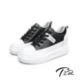 在飛比找遠傳friDay購物優惠-【T2R】正韓空運-增高鞋織帶真皮小白鞋-增高約7公分-黑(
