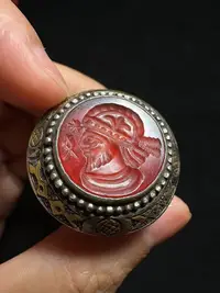 在飛比找Yahoo!奇摩拍賣優惠-薩珊王朝古董紅瑪瑙印章老銀鎏金精工戒指