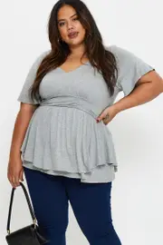 Grey Layered Top V-neck Flutter Sleeve