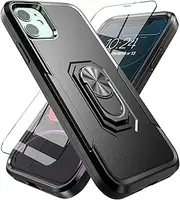 SUEJIA iPhone 11 Case with Tempered Glass Screen Protector,iPhone 11 Case with Kickstand,Hybrid Slim Fit Shockproof Protective Case with Magnetic Ring Car Mount Kickstand for iPhone 11 6.1",Black