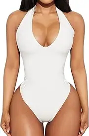 [F2CLO] Women's Sexy Halter V Neck Bodysuit Tops Backless Leotard Sleeveless Jumpsuits