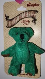 Vintage Russ jointed Green Teddy Bear Pin Pinback Small Stuffed Bear Pin NWT