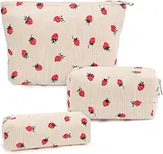 Makeup Bag Cosmetic Bag Set for Girls Women Checkered Travel Organizer Bathroom Toiletry Pouch Large Capacity Storage Bag, Strawberry Beige