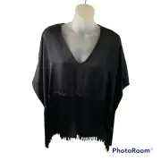 BCBGMAXAZRIA Womens Black Iniko Fringe Flutter Sleeve Tunic Top Size XS NWT