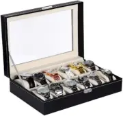 Large 12 ct Valyria Watch Box Men's Display Glass Top Jewelry Case Organizer