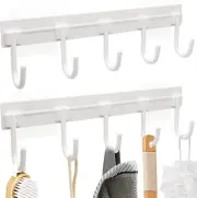 Heavy Duty Wall-Hooks 30lbs,Set of 2 Adhesive Towel-Rack with 5-Tri White