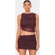 Chocolate Brown Mesh Ruched Trim Detail Crop Top, Choc Brown