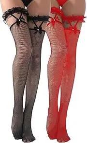 [SHEKINI] 2 Pairs Lace Top Fishnet Stockings Bow Suspenders Hold Up Stockings Mesh Thigh High Stockings for Women