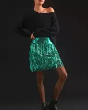 NWT Anthropologie Maeve Green Fringed Sequined Mini Skirt Sequin Fringe 4 New