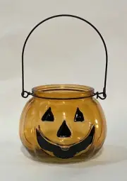 ONE ORANGE "JACKIE LANTERN" GLASS FALL PUMPKIN LANTERN TEALIGHT CANDLE HOLDER