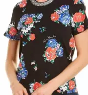 Tory Burch FLORAL EMBELLISHED T SHIRT Navy Tea Rose Size S M (New)