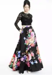 Sz 1/2 Black Floral Long Sleeve 2 Pc Prom Homecoming Formal Dress W/Pockets NWT
